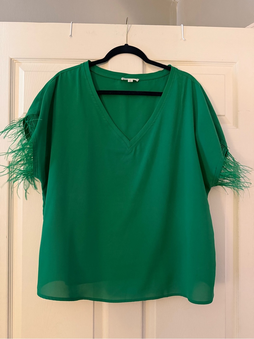 ee:some Emerald Green Feather Sleeve V-Neck Blouse Size Large Boutique